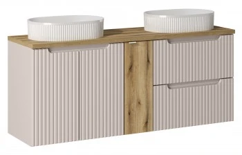Szafka łazienkowa Nova 140 cm z białymi umywalkami Beyond, kaszmir/dąb coast evoke