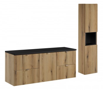 Zestaw łazienkowy Nova 49, dąb coast evoke/czarny mat - szafka 140 cm z koszem na pranie i słupek