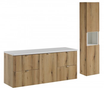 Zestaw łazienkowy Nova 064, dąb coast evoke/biały mat - szafka 140 cm z koszem na pranie i słupek