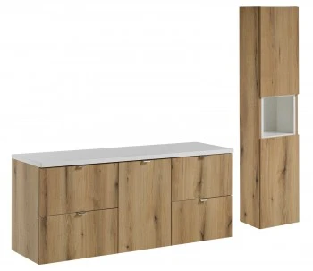Zestaw łazienkowy Nova 064, dąb coast evoke/biały mat - szafka 140 cm z koszem na pranie i słupek