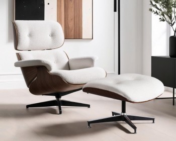 Designerski fotel wypoczynkowy z podnóżkiem Palermo, tkanina boucle biała