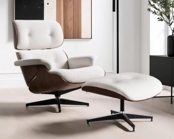 Designerski fotel wypoczynkowy z podnóżkiem Palermo, tkanina boucle biała