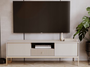 Stolik RTV z ryflowanymi wstawkami Marcos 154 cm kaszmir, złote nóżki