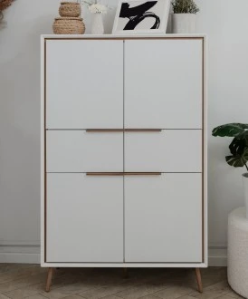 Wysoka komoda z szafkami i szufladami Arona, biały/dąb artisan