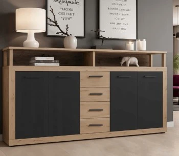 Duża komoda do salonu w stylu loft Blago 190 cm, dąb artisan/czarny