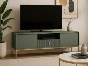 Stolik RTV z ryflowanymi wstawkami Marcos 155 cm zielony, złote nóżki