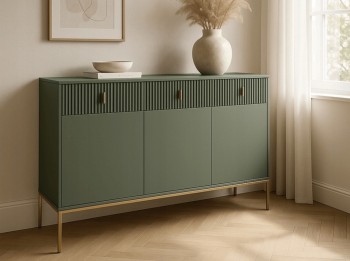 Komoda z ryflowanymi wstawkami Marcos 155 cm zielona, złote nóżki