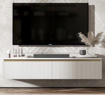 Ryflowana szafka RTV Selene 140 cm, stojąco/wisząca, kolor biały