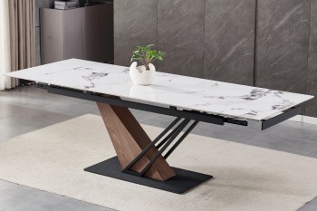 Ceramiczny stół rozkładany Rex 180-240 cm, biały marmur/dąb