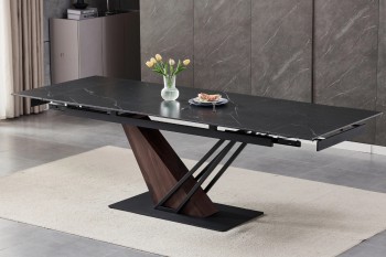 Ceramiczny stół rozkładany Rex 180-240 cm, czarny marmur/orzech