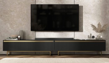 Podwójna szafka pod telewizor Selene 280 cm, czarna na złotych płozach