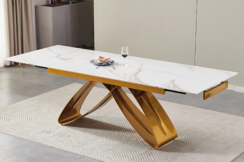 Rozkładany stół z ceramicznym blatem Luigi 160-240 cm, biały marmur/złoty