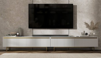Podwójna szafka pod telewizor Selene 280 cm, biała na złotych płozach