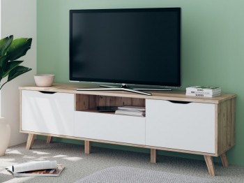 Szeroka szafka RTV w stylu skandynawskim Vankka 131, kolor dąb/biały