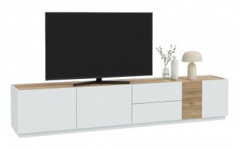 Stojący stolik RTV Lewisville 141 z 3 szafkami i 2 szufladami, Secret Grey/dąb Valencia