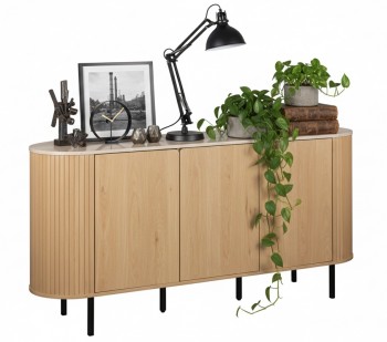 Owalna komoda do salonu ryflowana Fabia 160 cm, dąb/trawertyn