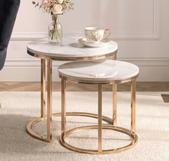 Zestaw ceramicznych stolików Milano 60 cm i 45 cm, biały marmur/złoty