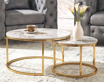 Zestaw ceramicznych stolików Milano 80 cm i 60 cm, biały marmur/złoty