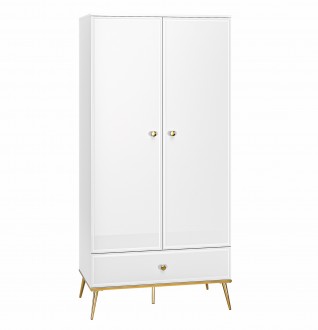 2-drzwiowa szafa z szufladą Goldin 01, biały połysk / złoty