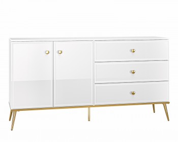 Komoda 160 cm Goldin 04, biały połysk / złoty