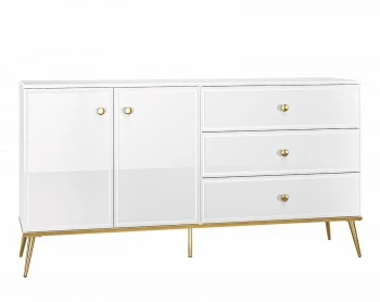 Komoda 160 cm Goldin 04, biały połysk / złoty