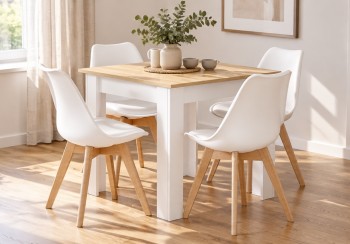 Zestaw stół i 4 krzesła Savio 085, 80x80 cm, dąb sonoma/biały, krzesła białe