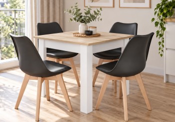 Zestaw stół i 4 krzesła Savio 094, 80x80 cm, dąb sonoma/biały, krzesła czarne