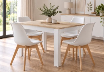 Zestaw stół i 4 krzesła Savio 078, 120x80 cm, dąb sonoma/biały, krzesła białe