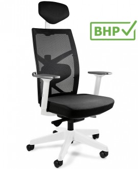 Ergonomiczny fotel biurowy Tune biały/czarny, zgodny z normą BHP