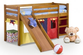 Drewniane łóżko na antresoli z drabinką i zjeżdżalnią Neo Plus