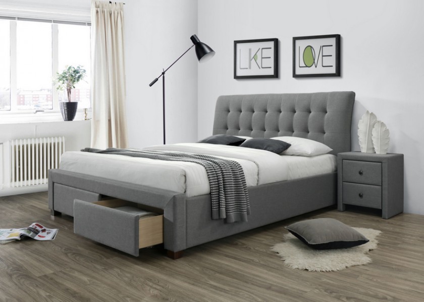 Tapicerowane łóżko z pikowanym zagłówkiem i szufladami Percy