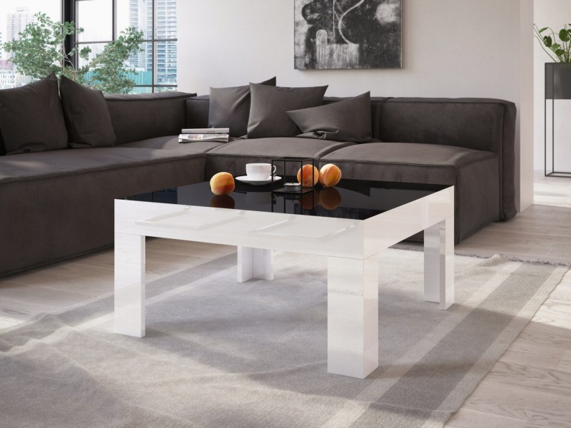 Stolik do salonu w wysokim połysku Simple 80x80 z czarnym blatem i białymi nogami