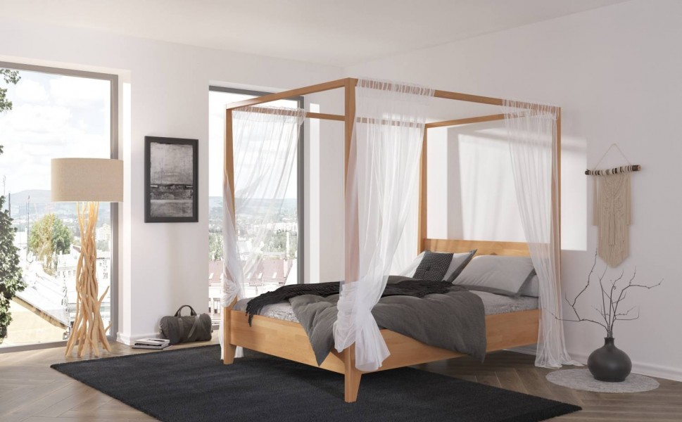 Bukowe łóżko sypialniane ze stelażem na baldachim Canopy