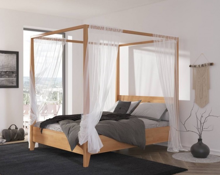 Bukowe łóżko sypialniane ze stelażem na baldachim Canopy