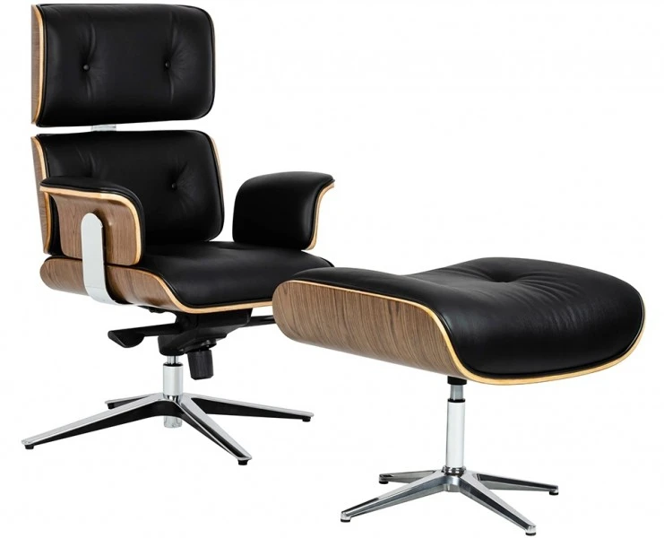 Fotel z podnóżkiem z czarnej skóry Lounge Business