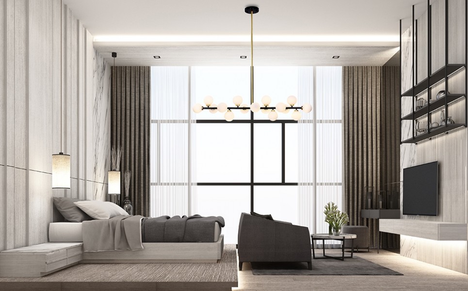 Szeroka lampa wisząca Cosmo Level M Black z kulistymi kloszami