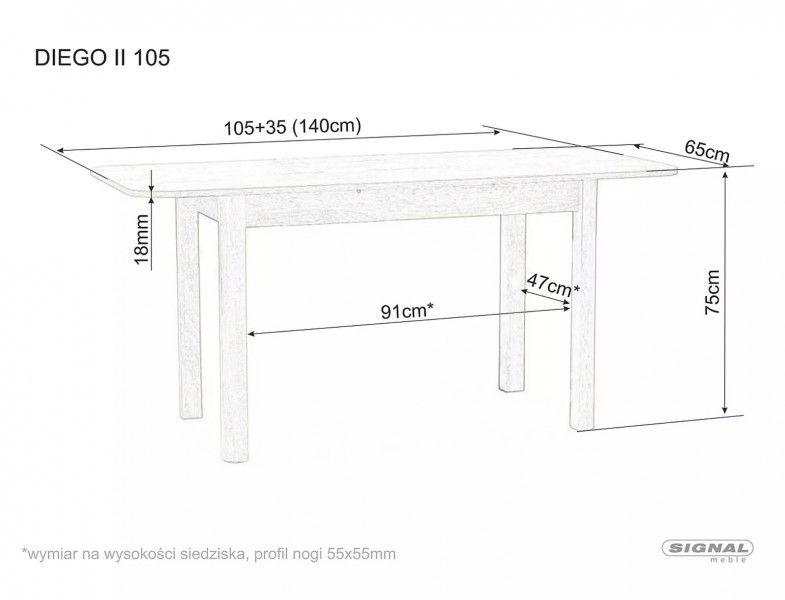 Stół na czterech nogach Diego II z rozkładanym blatem 105-140x65