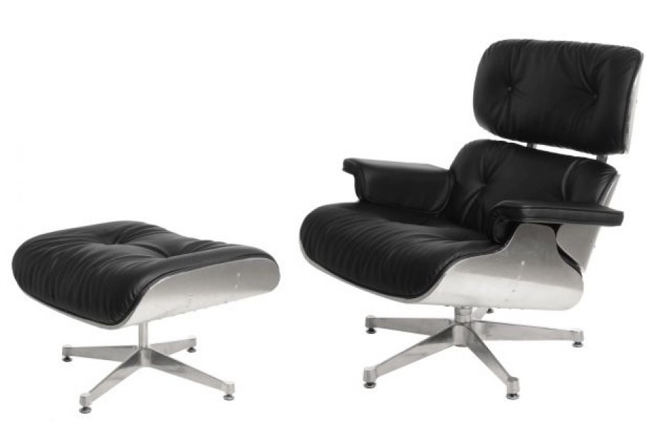 Designerski fotel skórzany z podnóżkiem VIP czarny/aluminium