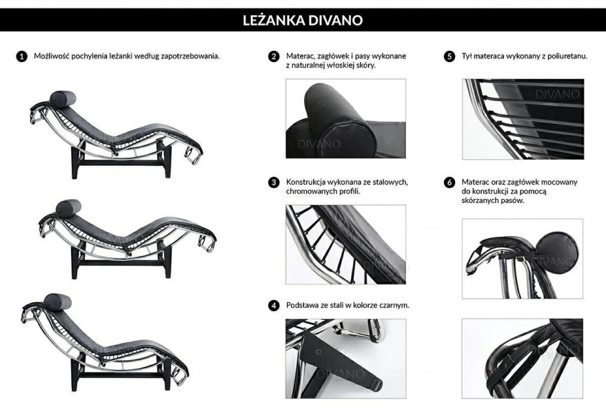 Regulowana leżanka do salonu ze skóry naturalnej Divano Pony