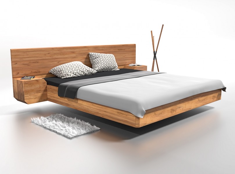 Lewitujące łóżko dębowe z zagłówkiem i szafkami nocnymi Mutombo