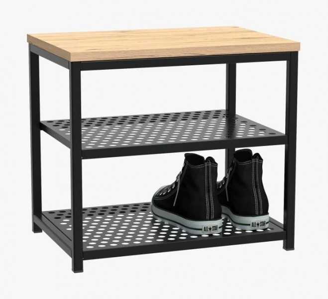 Loftowy taboret z półkami na buty Loft LT1 czarny/dąb wotan