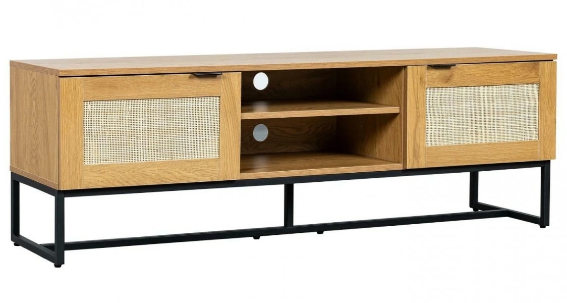 Loftowa szafka RTV w kolorze drewna Capri z naturalnym rattanem