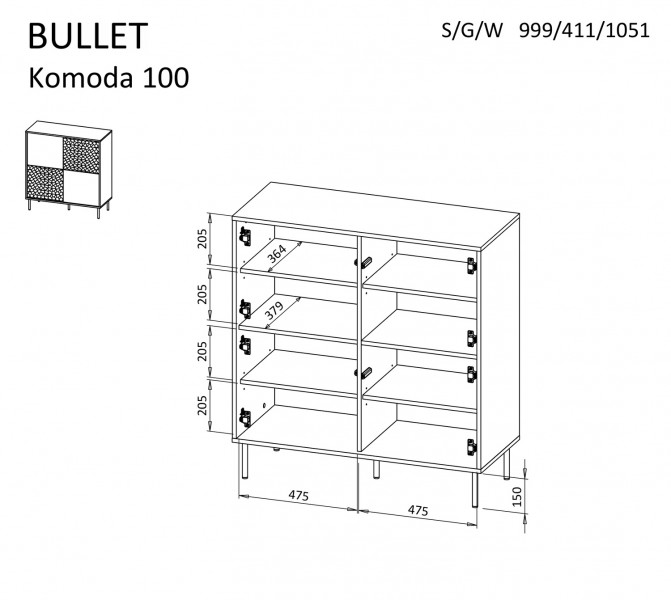 Czarna komoda na złotych nóżkach z frontami 3D Bullet KM-2