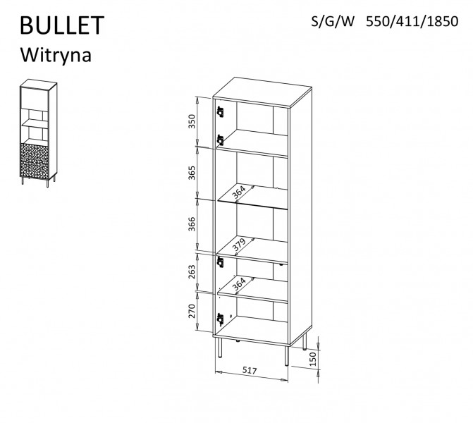 Czarna witryna na złotych nóżkach z fontem 3D Bullet
