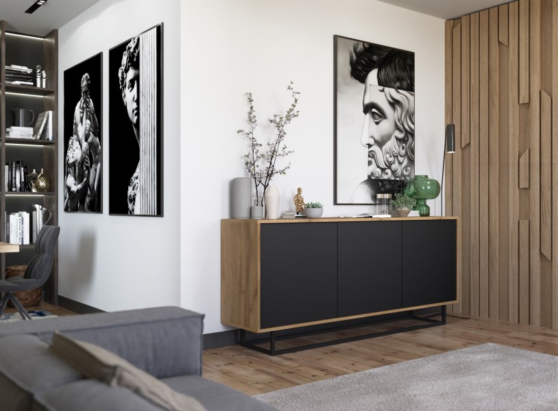 Trzydrzwiowa komoda w stylu loft Apollo 39 dąb wotan/czarny