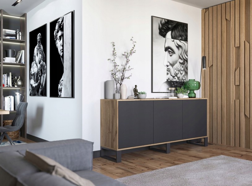 Szeroka komoda w stylu industrialnym Apollo 152 dąb wotan/czarny
