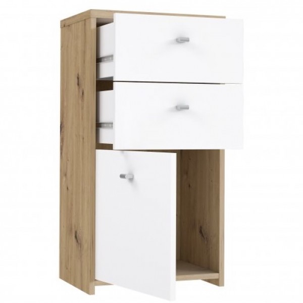 Wąska komoda z 2 szufladami i szafką Best Chest 211, biały/dąb artisan