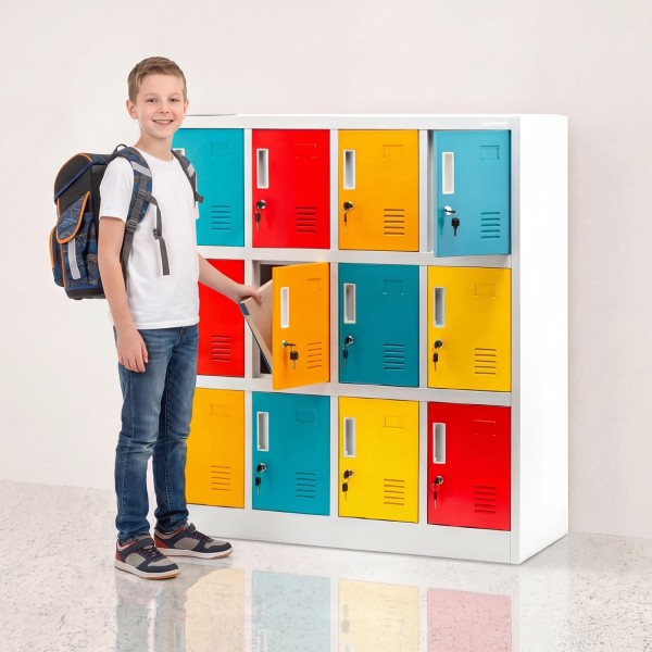 Szafka przedszkolna metalowa Ola 12-skrytkowa, 109 × 45 × 120 cm, szaro-wielokolorowa
