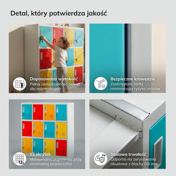 Szafka przedszkolna metalowa Ola 12-skrytkowa, 109 × 45 × 120 cm, szaro-wielokolorowa