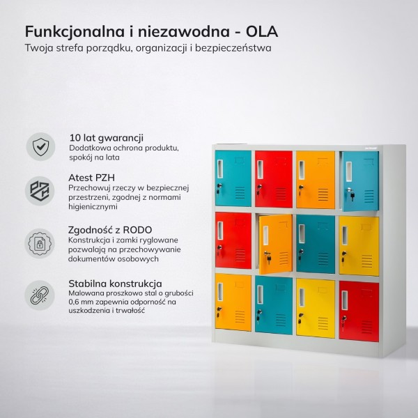 Szafka przedszkolna metalowa Ola 12-skrytkowa, 109 × 45 × 120 cm, szaro-wielokolorowa
